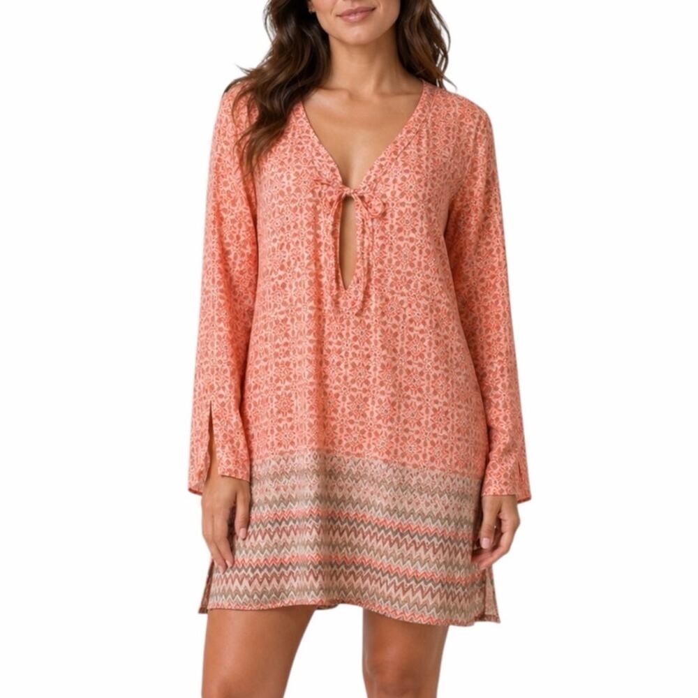 Athleta Del Sol Tunic Peach Boho Tie Front Beach Coverup M V-neck Lightweight